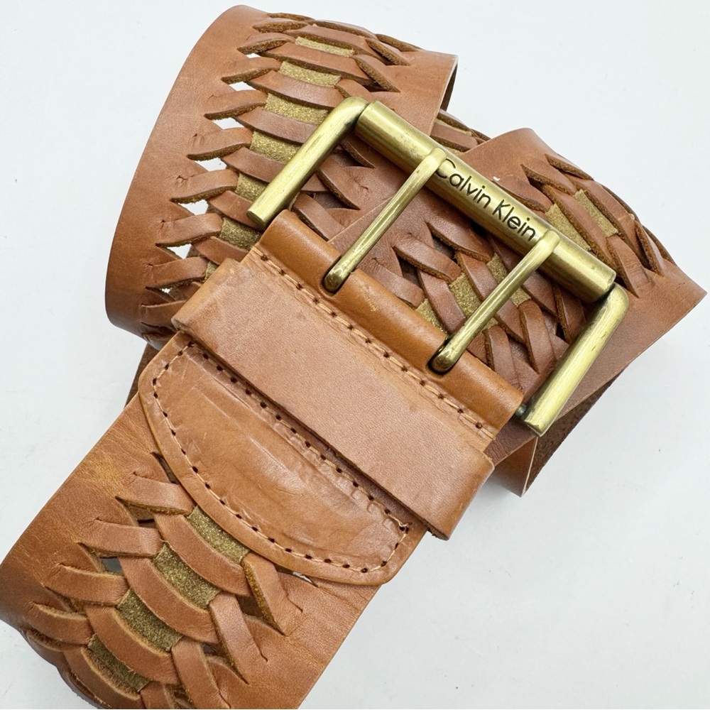 Calvin Klein wide brown metallic woven leather belt 36” boho waist belt S